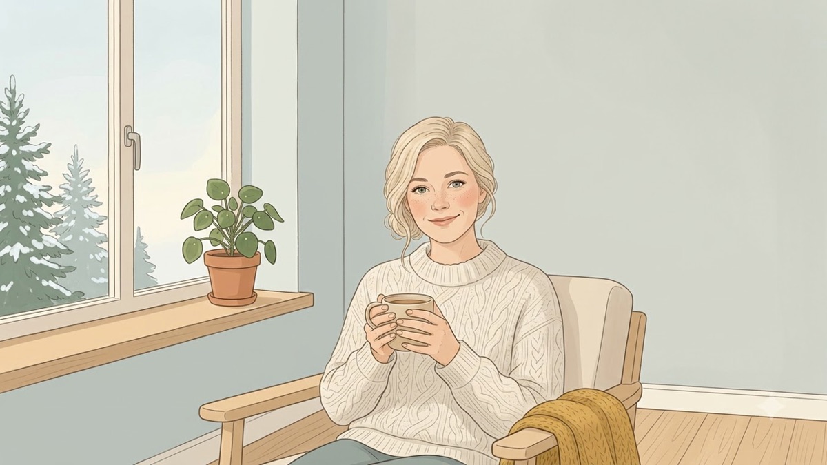 Astrid sitting calmly by a window with a warm cup, in a cozy Scandinavian room